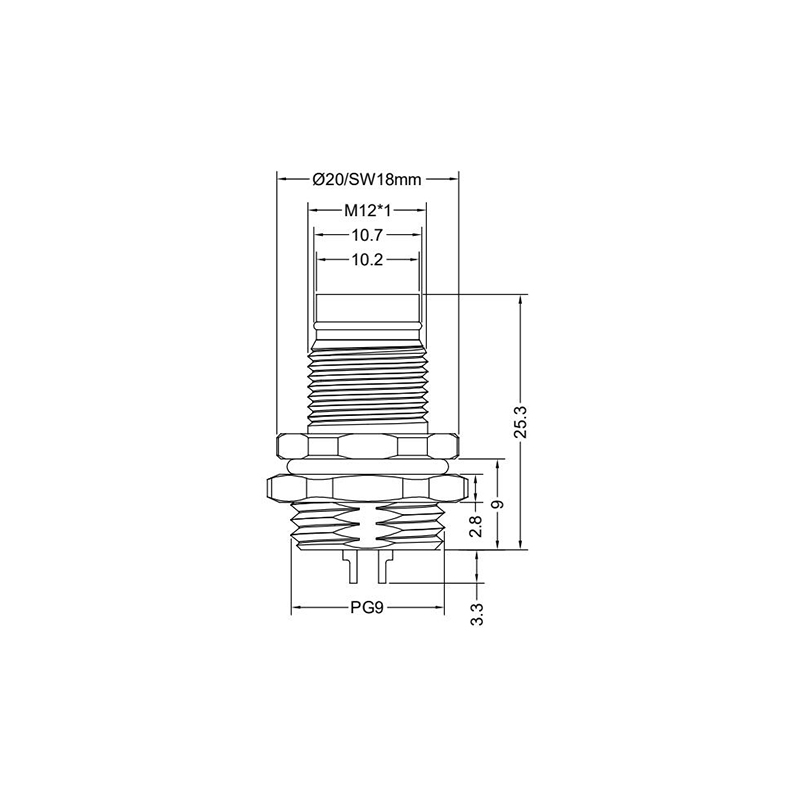 Push-pull m12 3pins A code male straight rear panel mount connector PG9 thread,unshielded,solder,brass with nickel plated shell